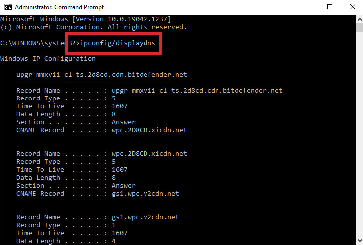 Command prompt showing display DNS cache command on Windows