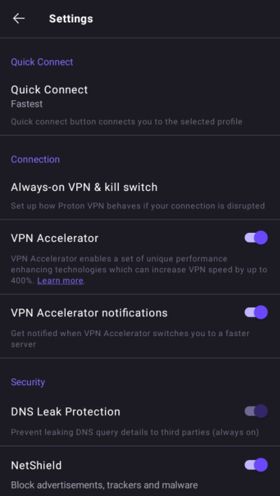 The Settings menu