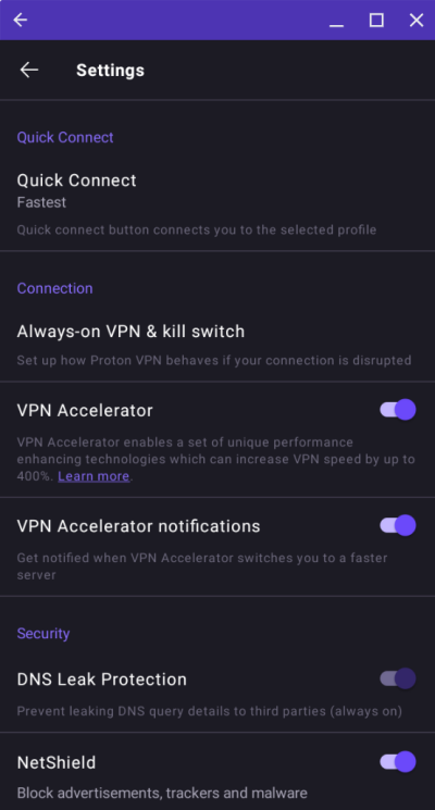 The Settings menu