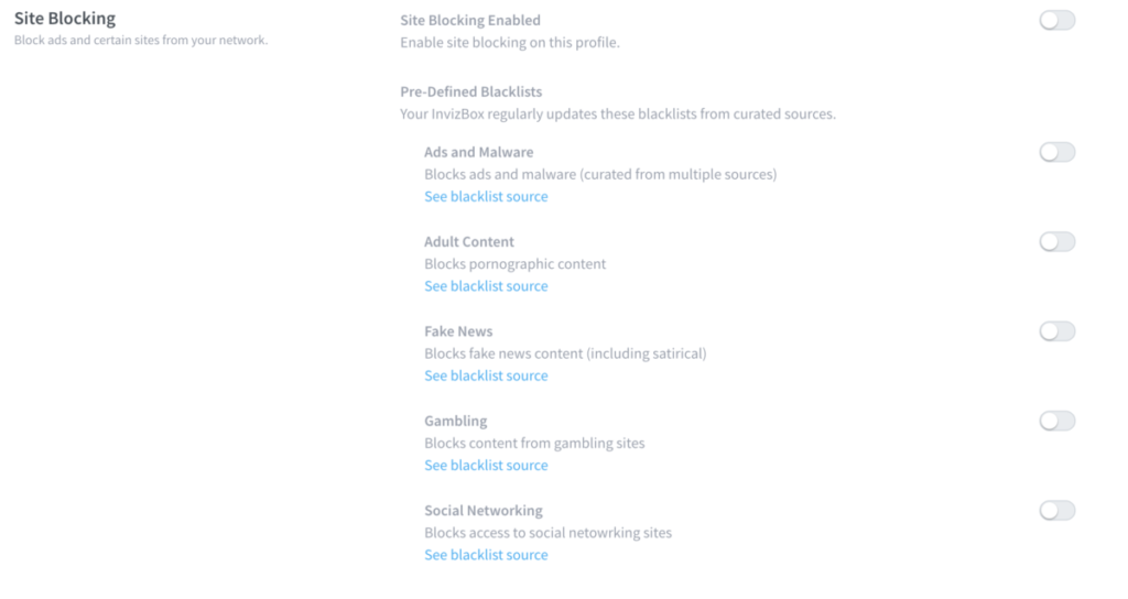 Screenshot of the Site Blocking menu for Invizbox 2
