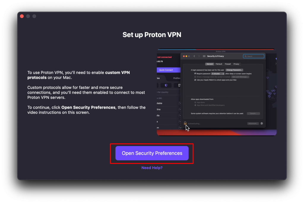 At our onboarding screen, click Open Security Preferences