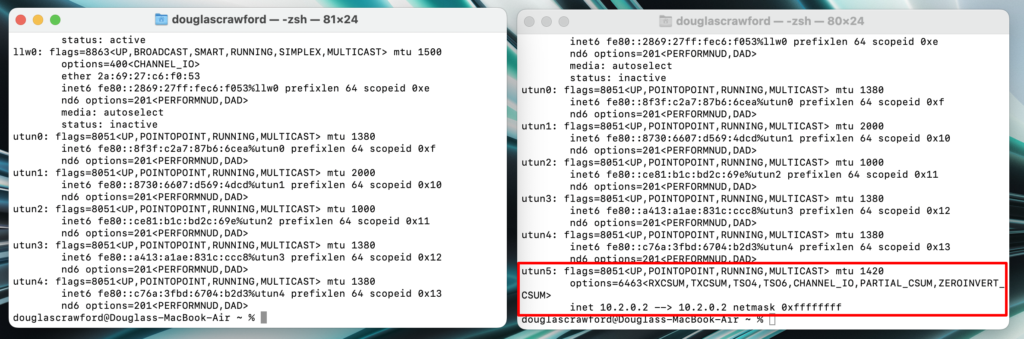 Compare the output from ifconfig in the two Terminal windows