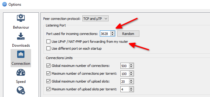 Eenable port forwarding in qBittorrent