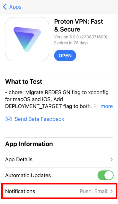 Shows button to switch on and off push and email notifications in TestFlight for Proton VPN.